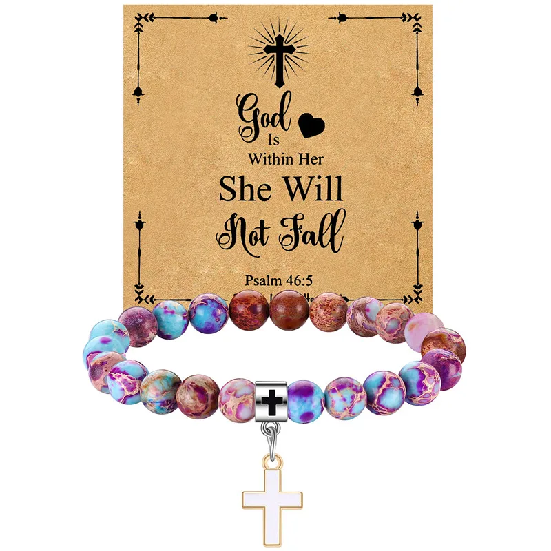 New Fashionable Unique Design Exquisite Cross Beaded Religious Bracelet For Women Christmas Gift With Blessing Card