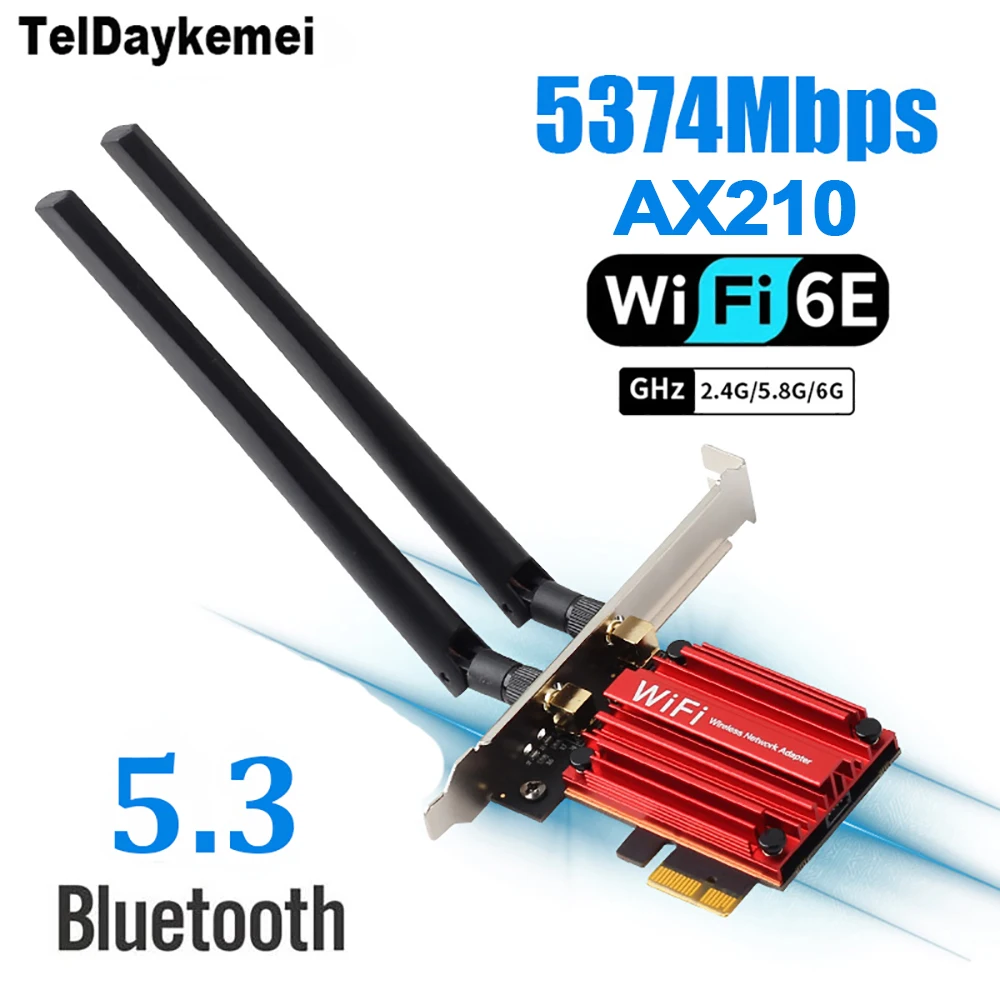 

Wi-Fi 6E Bluetooth 5.3 AX210 Tir Band PCI-E WiFi-адаптер 5374 Мбит/с Беспроводная сетевая карта для настольных ПК Windows 10/11