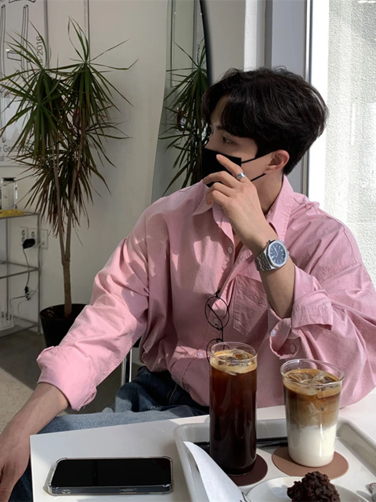 

Korean Sle Men's Pink irt Spring Autumn Suit Inner Wear Layering Naples irt Trendy Outerwear Long Sve Loose Fit