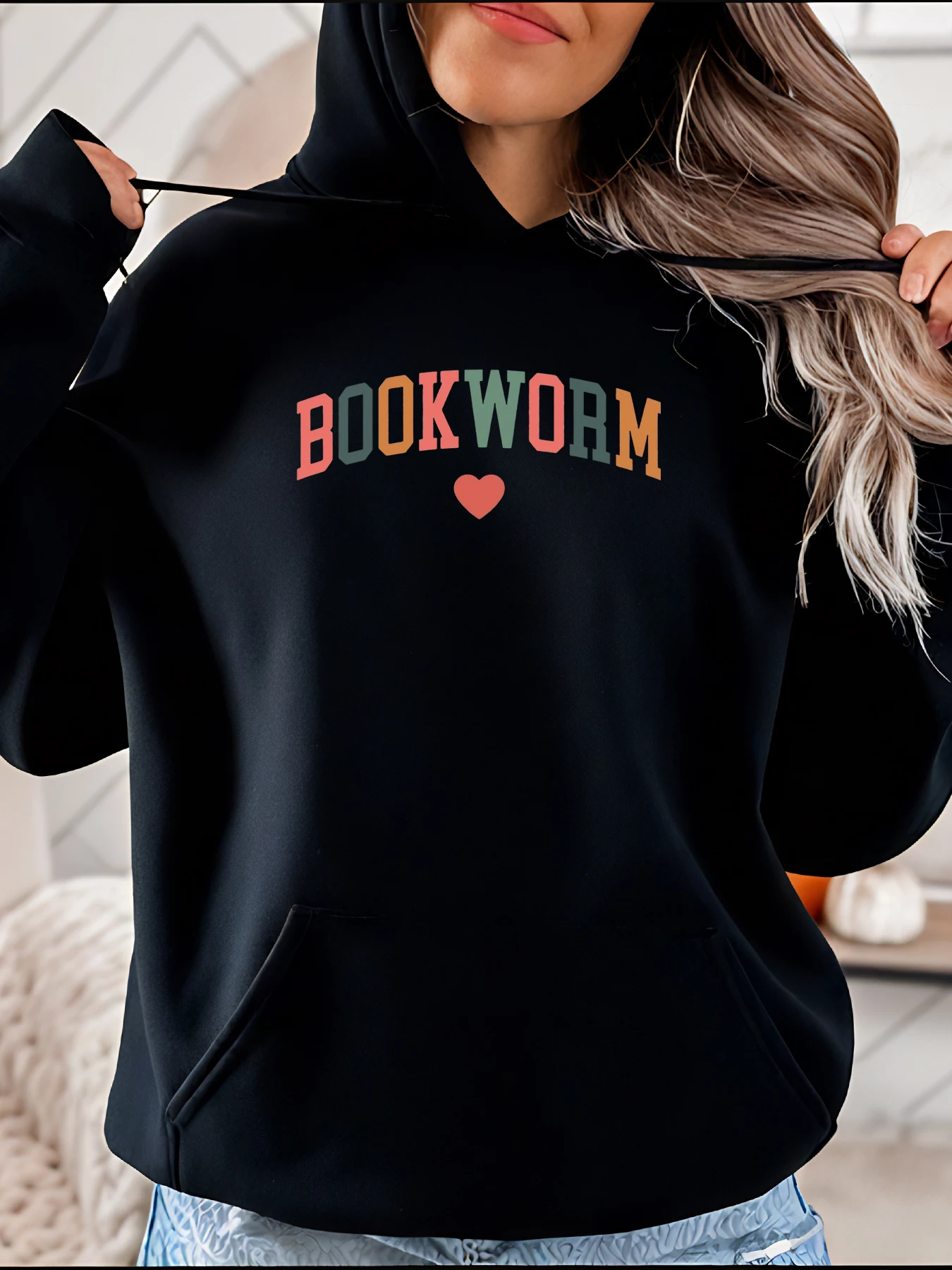 Bookworm Print Hoodie Casual Style Heart Design for Women Reading Lover Wear