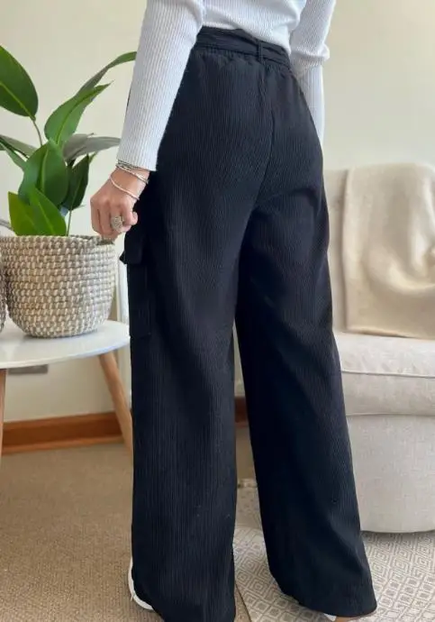 Autumn Solid Color High Waist Belt Straight Leg Pants for Women's Casual Versatile Workwear Corduroy Straight Leg Pants