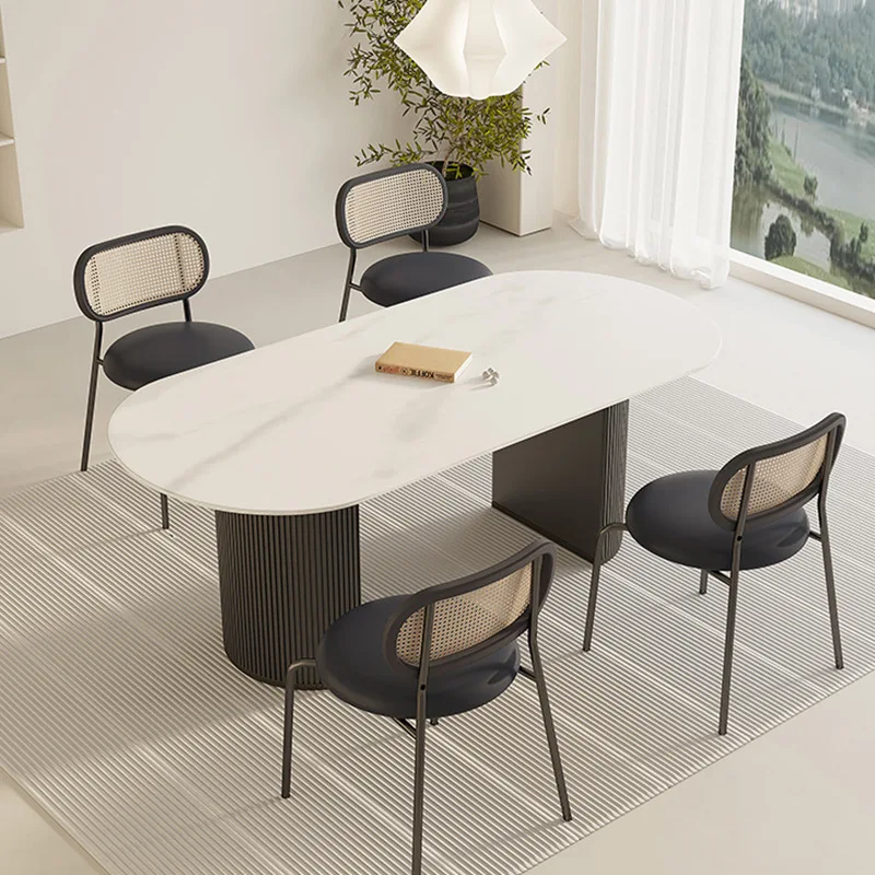 Nordic minimalist style, black rock slab dining table, oval dining table