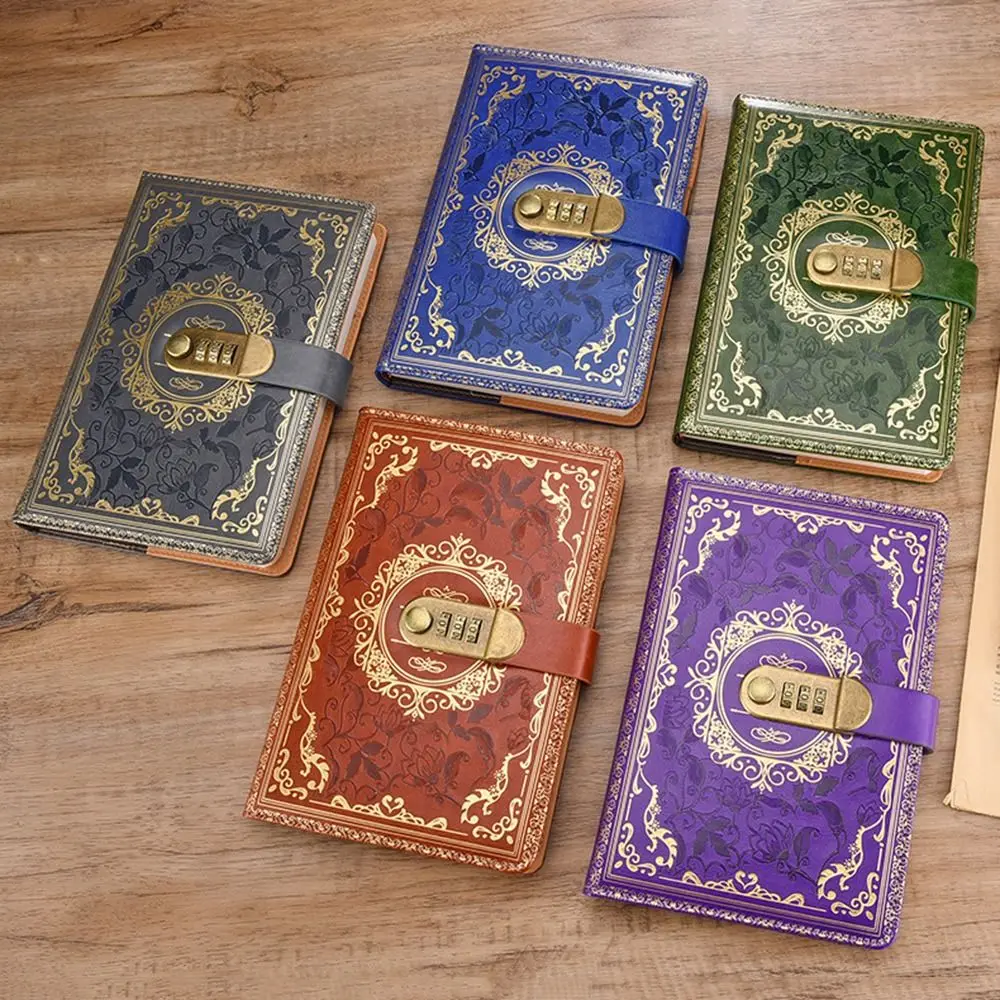 PU Leather A5 Journal Notebook Combination Lock Embossed Design Personal Planner Organizers Hard Cover Ruled Lined Paper