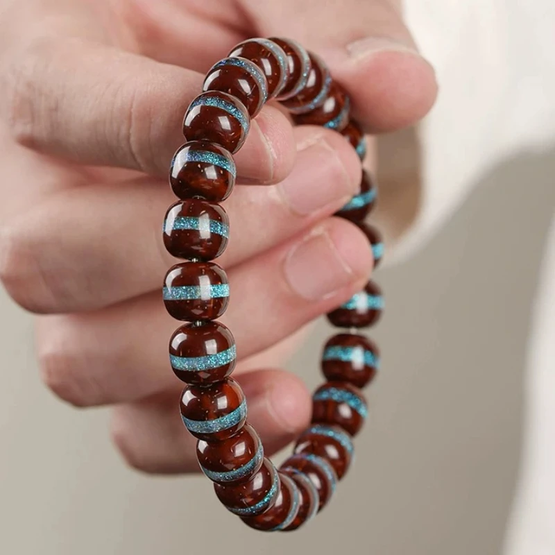 Chinese Style Lucky Purple Golden Rat Bodhi Beaded Bracelet 9-10mm Blue Inlaid Blessing Wealth Good Luck Prayer Bracelet For Men