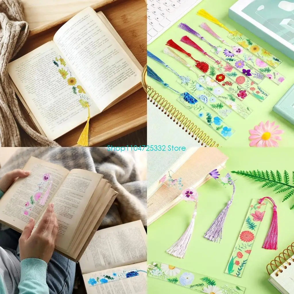 

P5EA Artisitc Flower Bookmarks Acrylic Transparent Floral Page Marker with Tassels for Back-to-School Graduation Present 8pcs