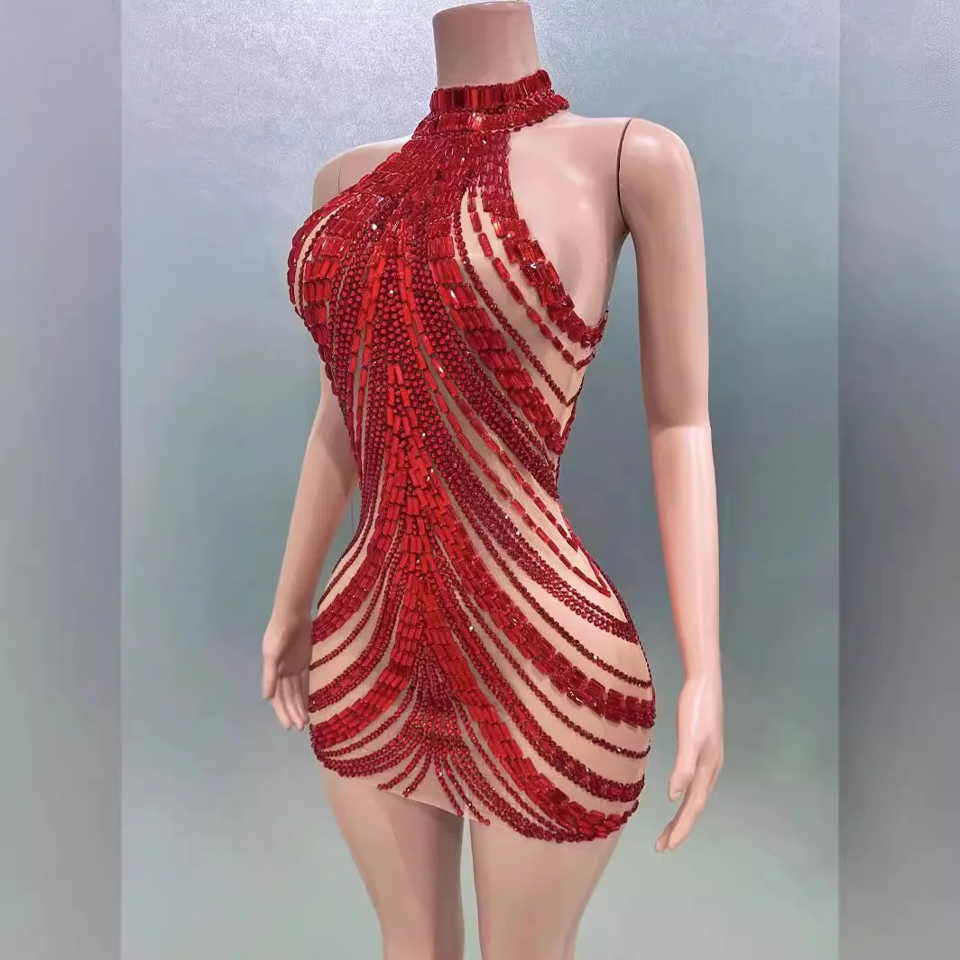 สีแดง Rhinestone เซ็กซี่ตาข่าย Off-the-ไหล่ชุดไนท์คลับวันเกิด Party แน่นอาหารค่ําชุดผู้หญิง Elegant Party ชุดลูกปัด