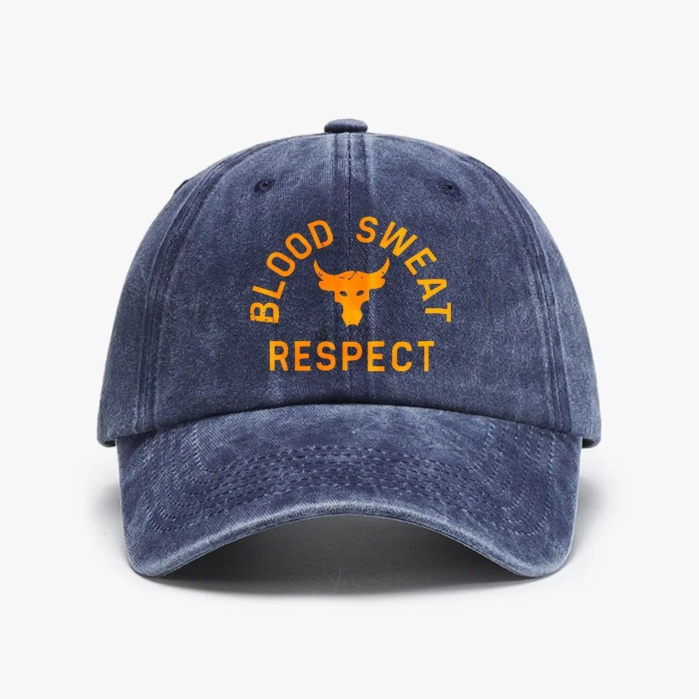 Men Project Rock Blood Sweat Respect Graphic Washed cowboy Baseball Cap Adjustable Cotton hat Outdoor sun protection hats