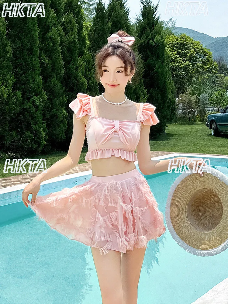 Japanese Summer Sweet Lolita Flying Sleeve Pleated Slim Fit Short Top Swimsuit A Line Skirt Slim Student Two Piece Suits Bikini