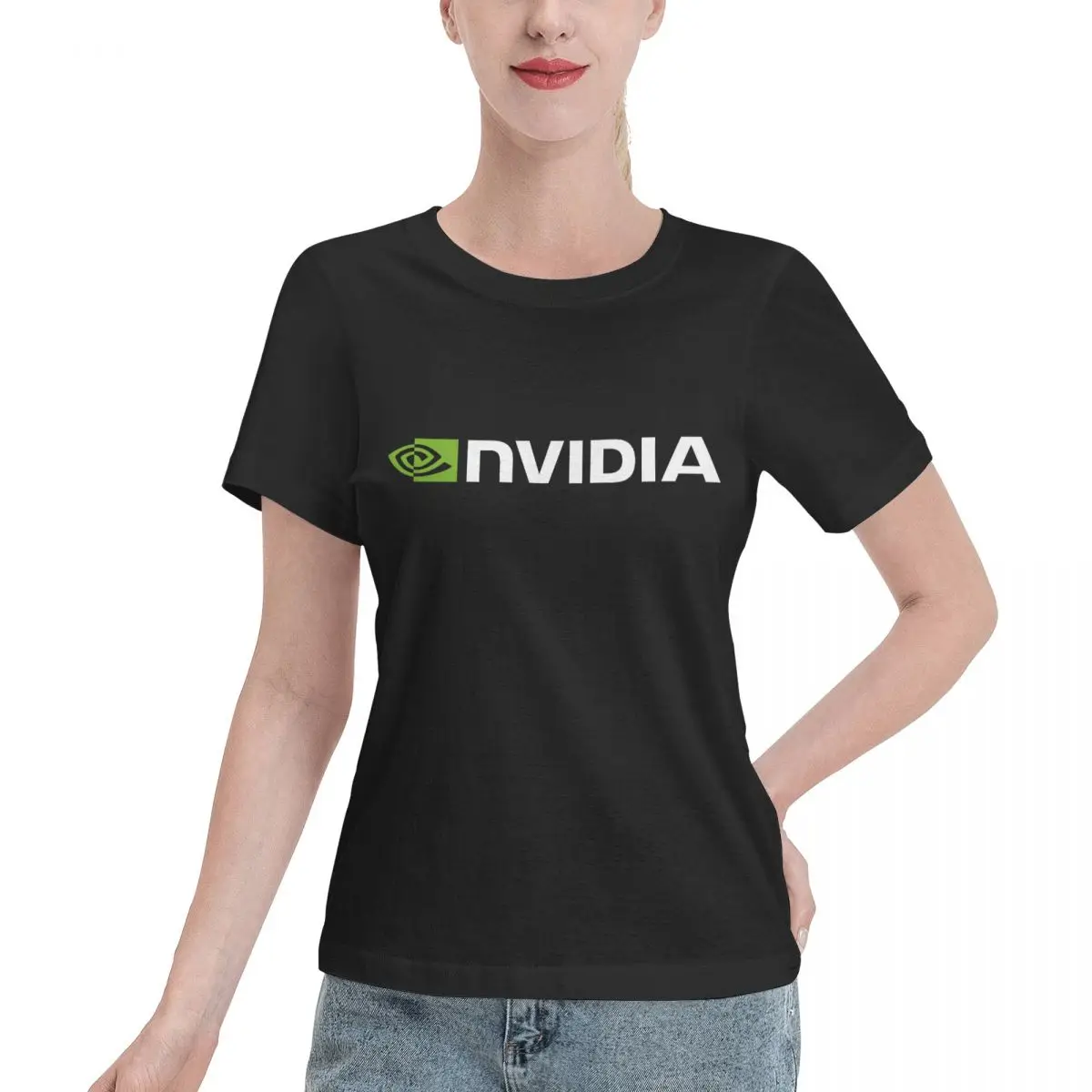 Camisetas de algodão de manga curta Nvidia para mulheres, O-Neck Tops