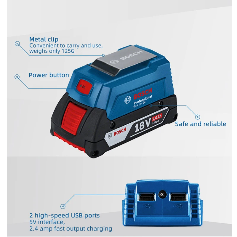 BOSCH GAA 18V-24 PROFESSIONAL Adapter Battery To USB Conversion 2 High Speed Charging Ports Power Tool Accessories