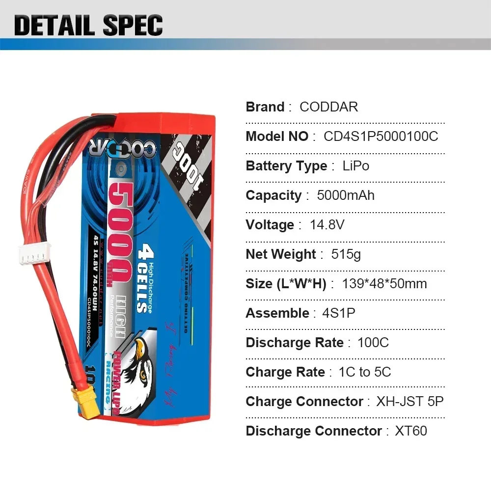 CODDAR 14.8V 4S LiPo แบตเตอรี่ 100C 5000mAh สําหรับ RC รถบรรทุกรถถัง Buggy Truggy Racing เรือรุ่น HardCase พร้อม XT60 XT90