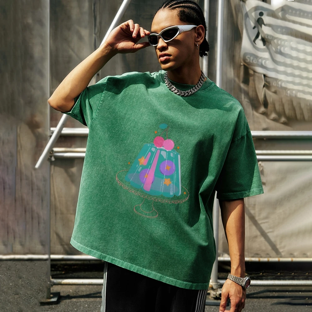 Trendy Vintage Unisex gewassen T-shirt jaren '90 Vintage Oversize Retro gewassen stijlvol T-shirt Jelly Cake T-shirt geheel van katoen van hoge kwaliteit