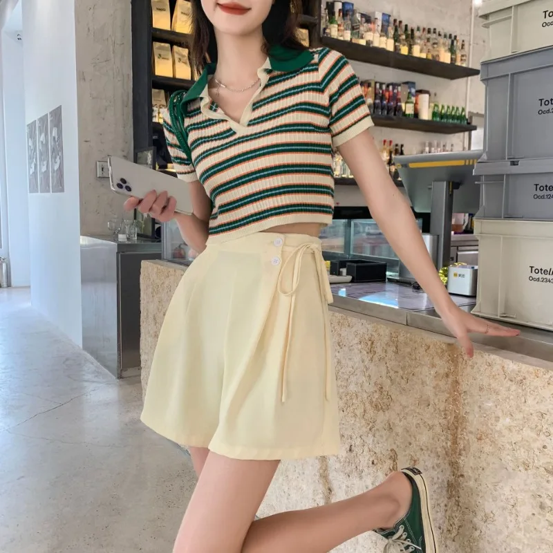 Shorts for Women Wide-leg Solid High Waist Ice Silk Lace-up Irregular Shorts Leisure Thin Loose Office Work Five-point Pants