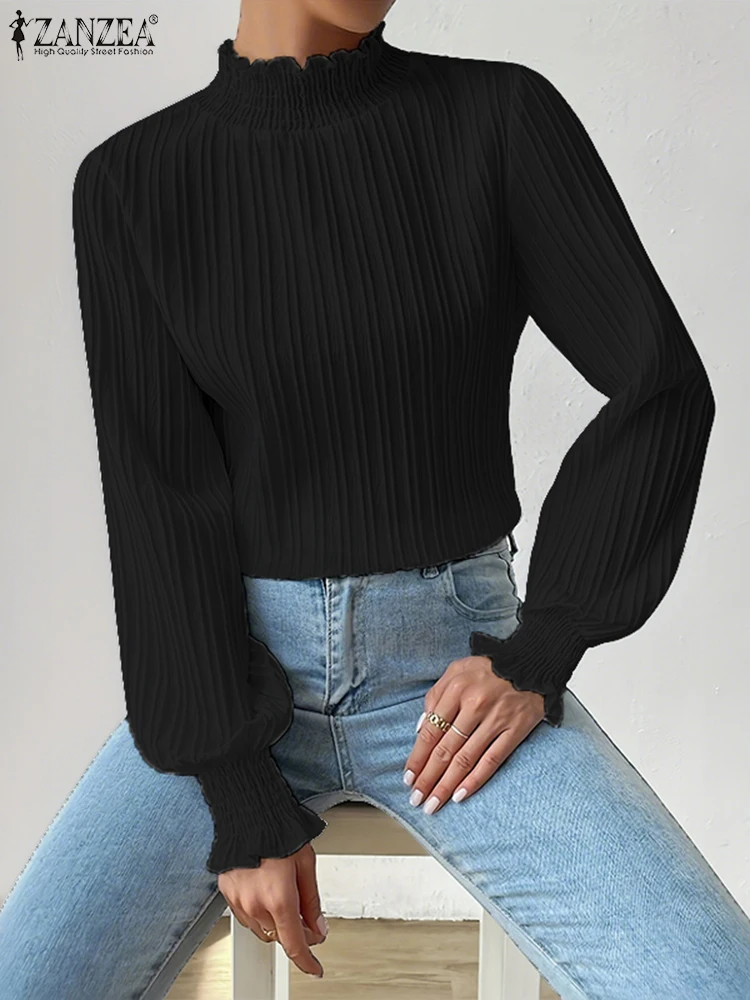 ZANZEA Vrouwen Stijlvolle Gesmokte Coltrui Blouses 2025, Herfst Mode Lange Lantaarn Mouw Getextureerde Effen Kleur Tops Vrouw Kleding