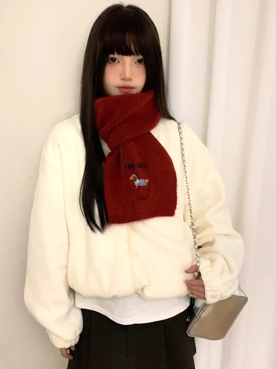 

Sausage Dog Embroidery Knitted Scarf for Women, Autumn/Winter, Wool Blend, Korean Style, Warm and Cozy, Vers Red Color