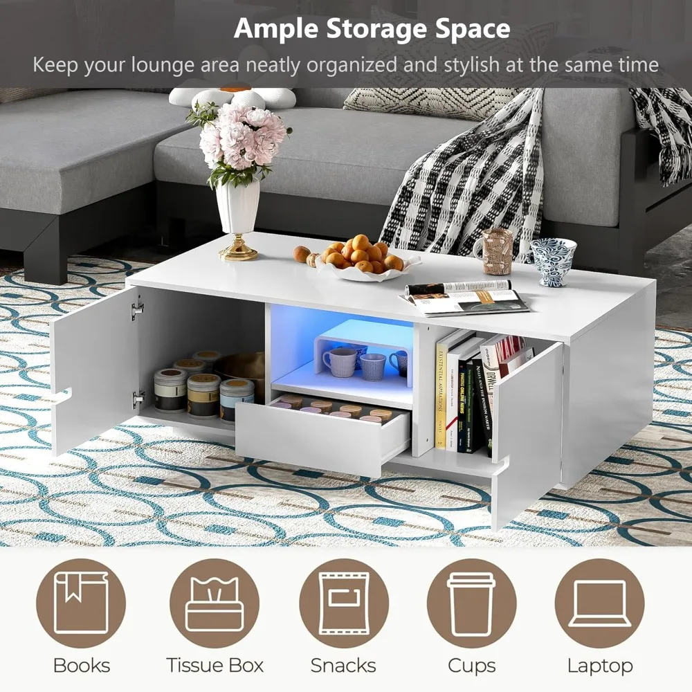 High Gloss LED Coffee Table 47.2-Inch Wooden Center Cocktail Table with Storage and 16 Color LED Lighting for Living Room