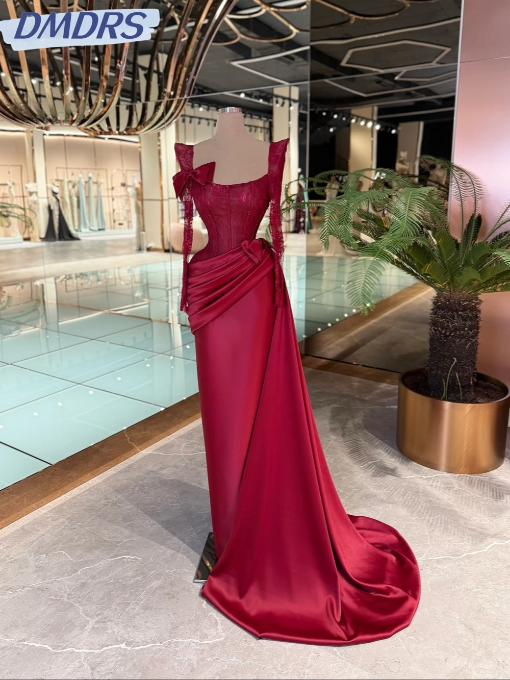 

Graceful Satin Lace Straight With Bow Evening Dress Charming Strapless Long Sleeve Wedding Party Gown Customized Prom Dresses