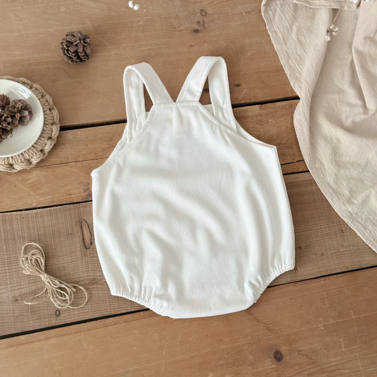 Infant Bear Embroidered Corduroy Overalls Romper, Unisex Baby Sling Triangle Bodysuit with Front Pocket for Newborn