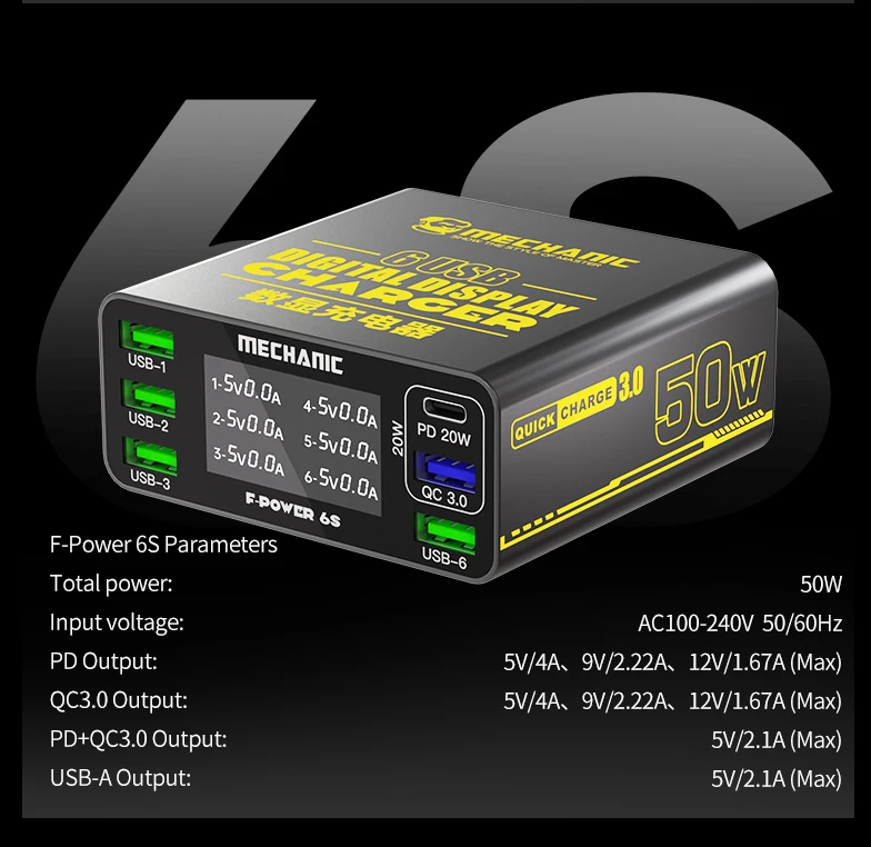 MONTEUR 6-poorts USB-snellaadstation visuele stroomoplader geschikt voor telefoon 9 soorten beschermde flitslaadhulpmiddelen