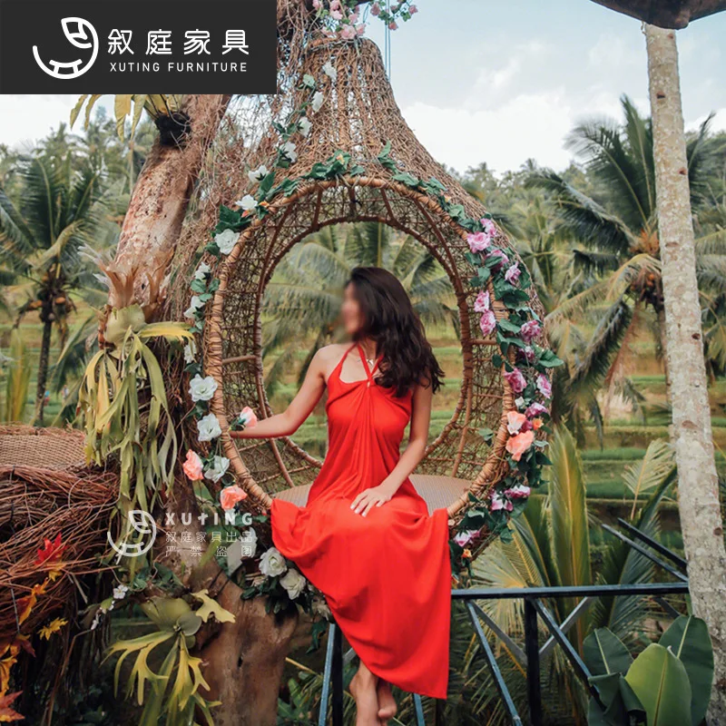 

Креативная подвесная круглая кровать-качели из ротанга в стиле «птичье гнездо» для улицы, реквизит для свадебных фотосессий на природе, для B&B, популярная у интернет-знаменитостей на Бали.