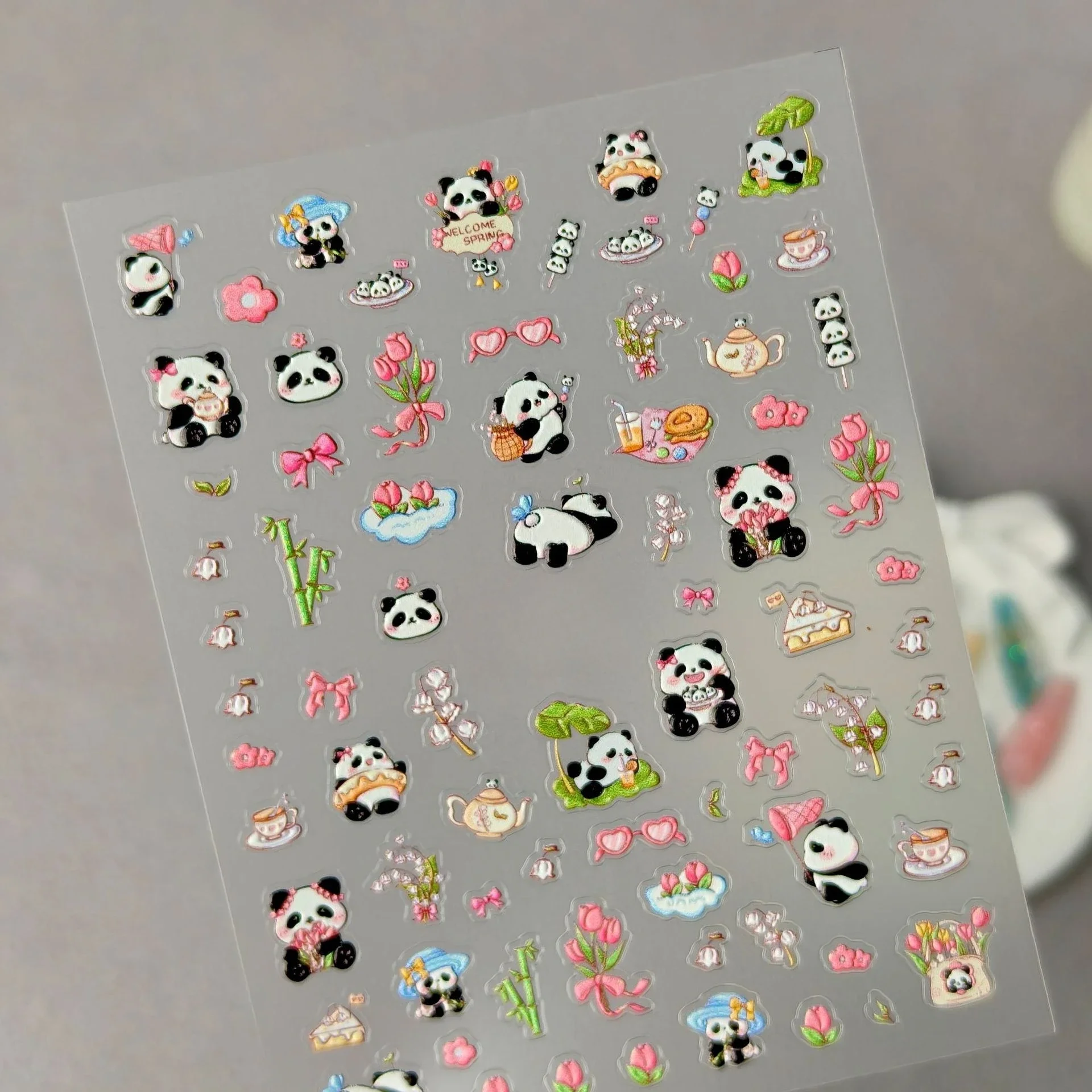 1 Set 5D Geprägte Niedliche Panda-Nagelaufkleber Bambus Wasserdicht Selbstklebend DIY Maniküre Nagelkunst Deko-Ornamente