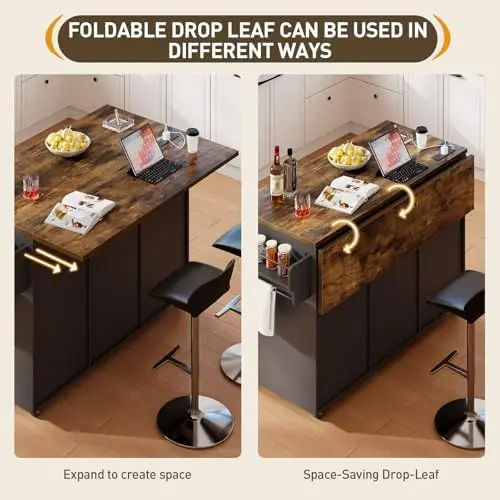 Kitchen Island with Storage, 55" Kitchen Cart with Charging Station, Rolling Kitchen Island Table with Drop-Leaf, 3 image 6