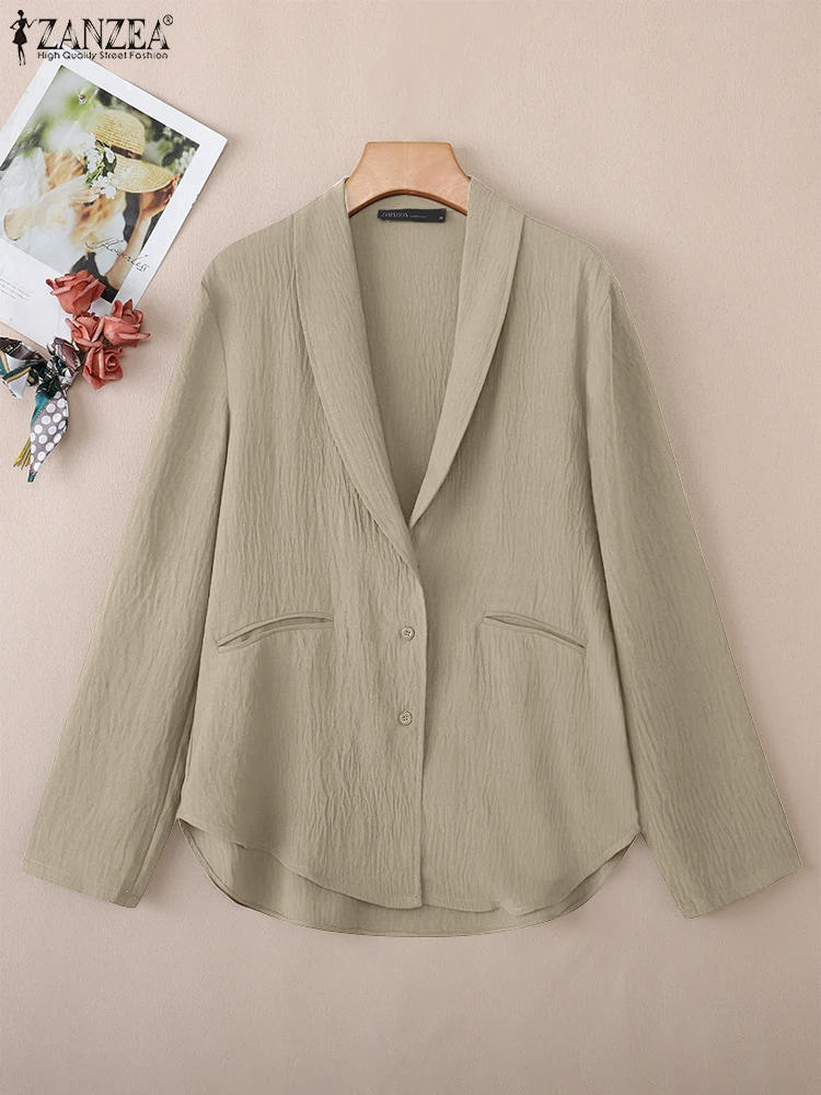 ZANZEA Herbst Blazer Frauen Elegante Revers Neck Outwears Casual Langarm OL Arbeit Anzüge 2025, Einfarbig Mode Strickjacke