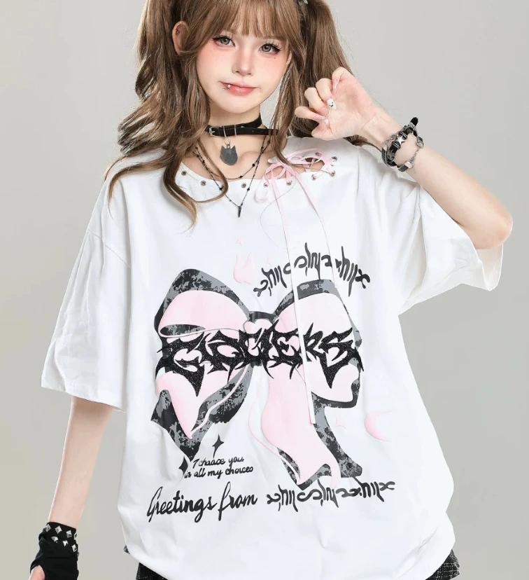 Sweet Bow Lace-up Korean Short Sleeve Printed T-shirt Girl Summer 2026 New Loose Versatile Age-reducing Chic Crew Neck Tops