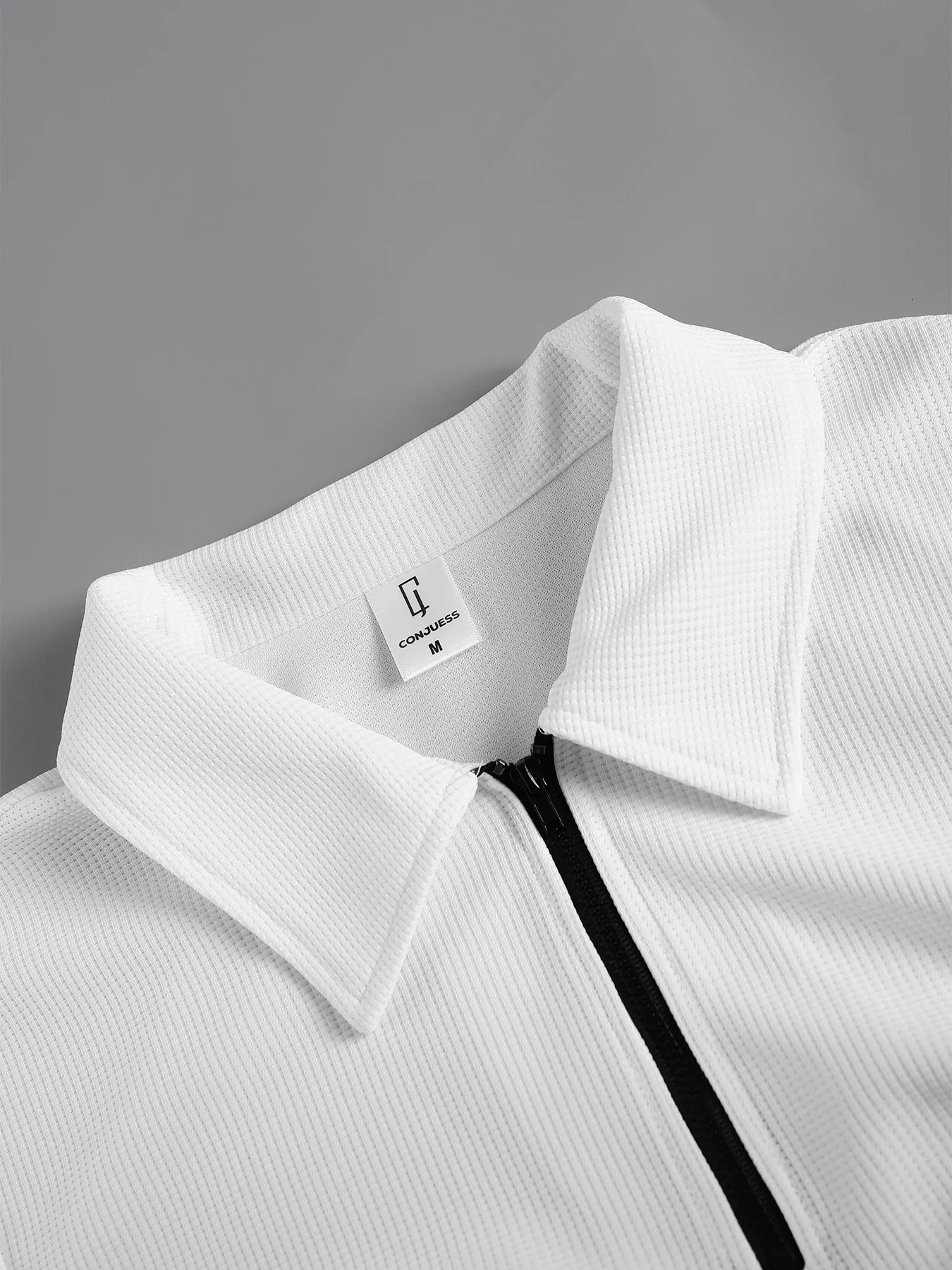 Men's White Waffle Knit Half Zip Polo Shirt Casual Set 2 Piece Lapel Collar Short Sleeve & Drawstring Shorts Outfit view 4