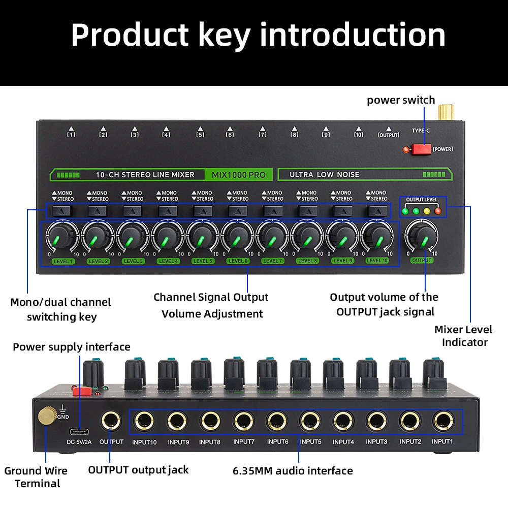 Mezclador de línea estéreo de ruido ultrabajo de 10 canales Mini mezclador de sonido profesional con luz RGB DC5V Mezclador de audios de fácil operación