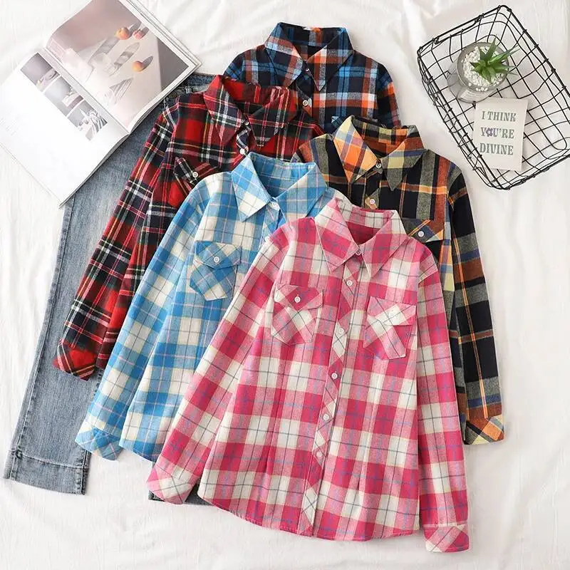 Katoen Flanel Plaid Shirts Vrouwen 2024 Herfst Nieuwe Vrouwelijke Casual Slim Fit Lange Mouw Blouses & Tops Dames Geruite Kleding