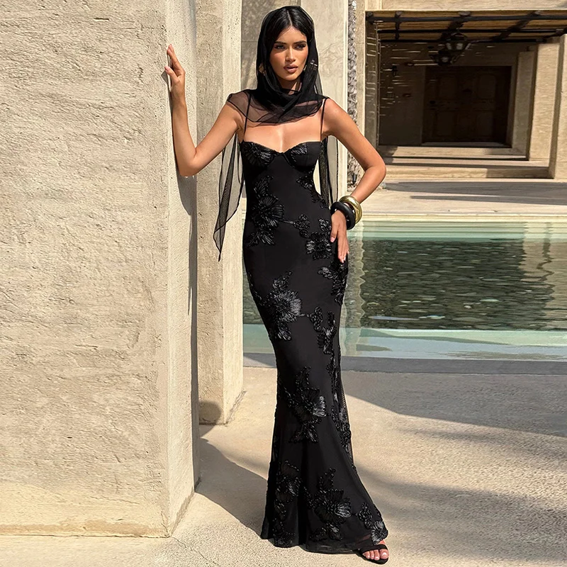

Tornova Embroidered Print Suspender Dress For Women Sexy Backless Lace Up Maxi Dress Plunge Slim Party Female Elegant Dress