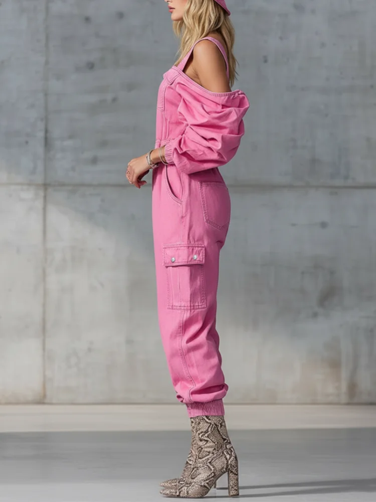 

Ярко-розовый джинсовый комбинезон для женщин с открытыми плечами, рукавами-фонариками, молнией спереди, карманами-карго, высокой талией, повседневный уличный стиль