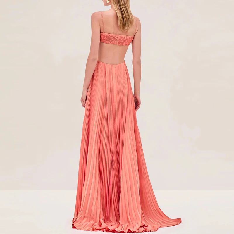 فستان سيدة مثير بدون ظهر متأرجح سادة أنيق بدون أكمام فستان طويل مجوف موضة بدون أكتاف عالي الخصر مطوي فستان سهرة