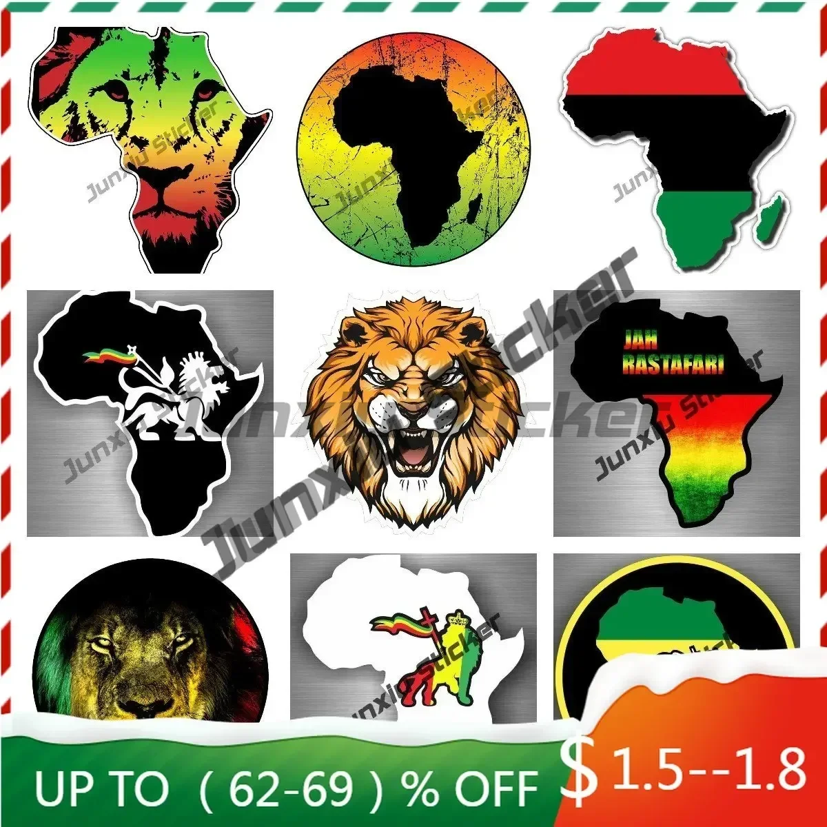 Rasta African Shape Map Lion Car Decal Sticker African Map Sticker Rasta Reggae JAH Africa Lion of Judah One Love Rastafarai