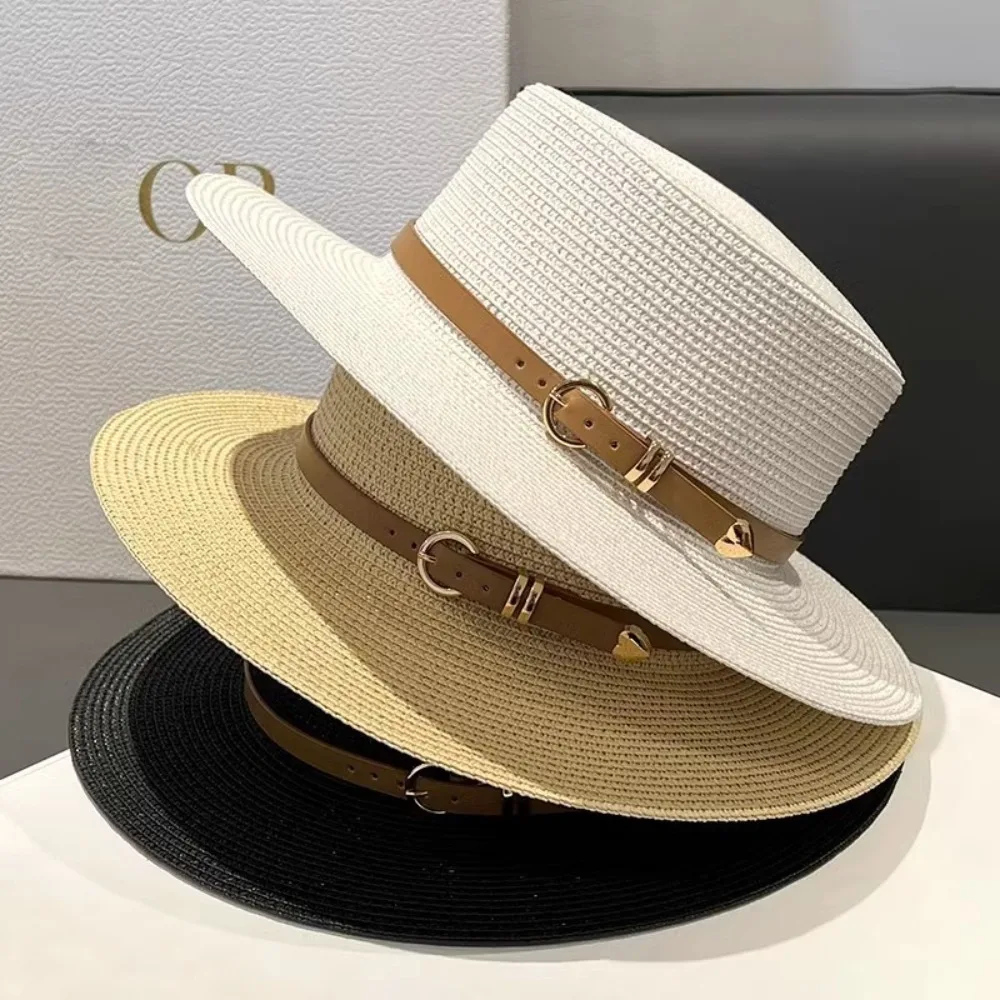 New Straw Beach Hat Casual Wide Brim Flat Top Hat Anti-UV Vintage Sunscreen Hat Gift