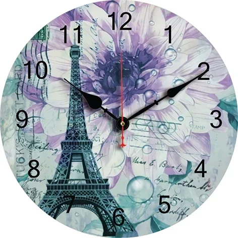 Reloj grande personalizado de la Torre Eiffel de flores Vintage, decoración del hogar para sala de estar, reloj de pared redondo de cuarzo, decoración de pared del dormitorio para niños