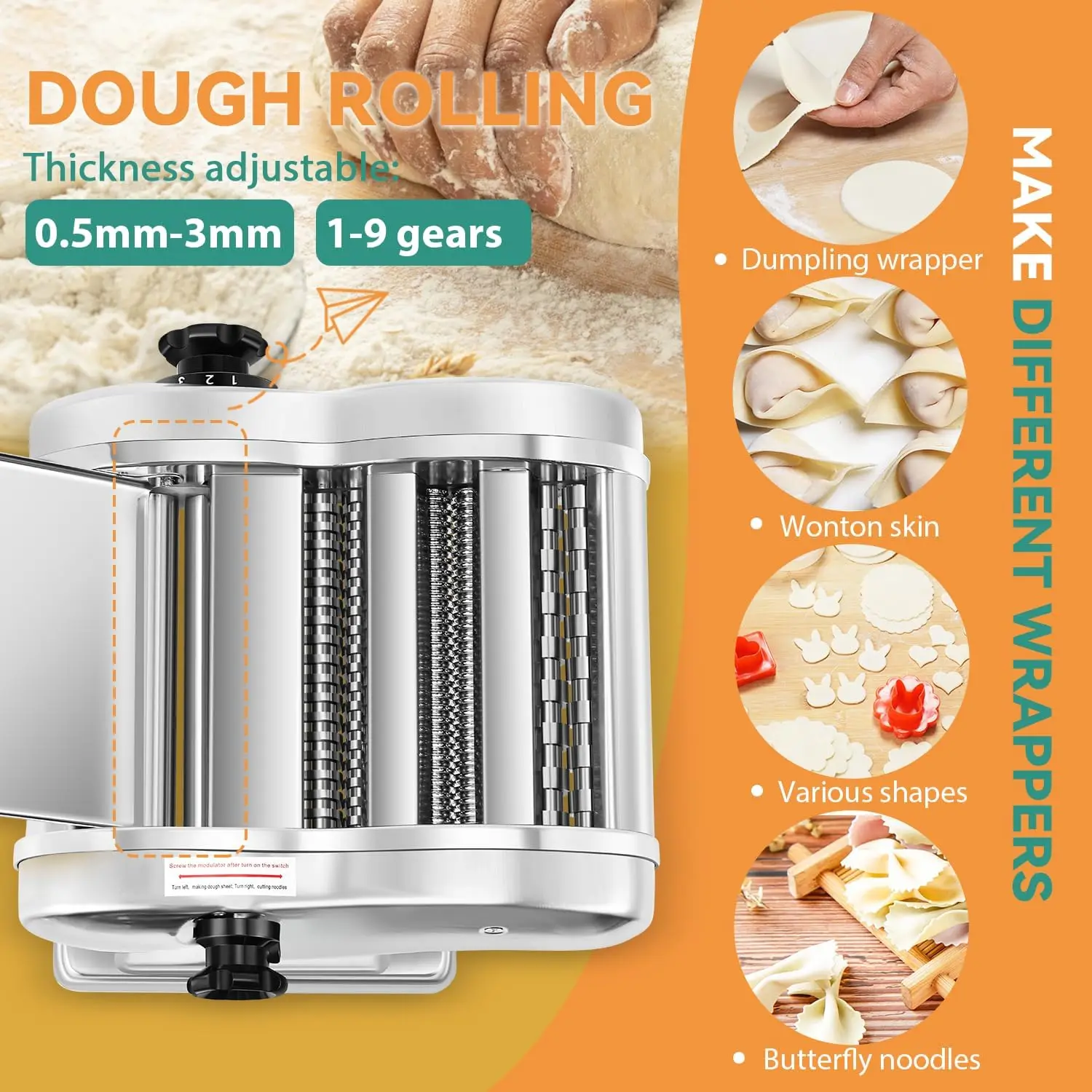 Family Noodle Making Machine Dough Roller 2.5mm Spaghetti 4mm Wide Noodle 9mm Fettuccine Cutter 110V US Stainless Steel for Home