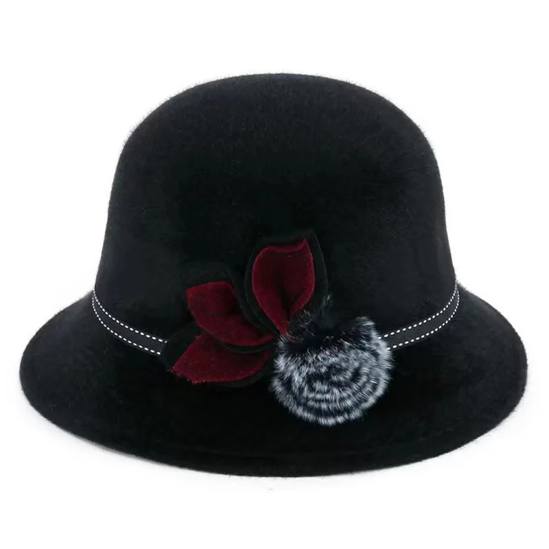 Vintage Elegant Women Hat Flower Pompom Solid Color Wool Felt Fedoras With Brim For Ladies Autumn Winter Female Jazz Cap