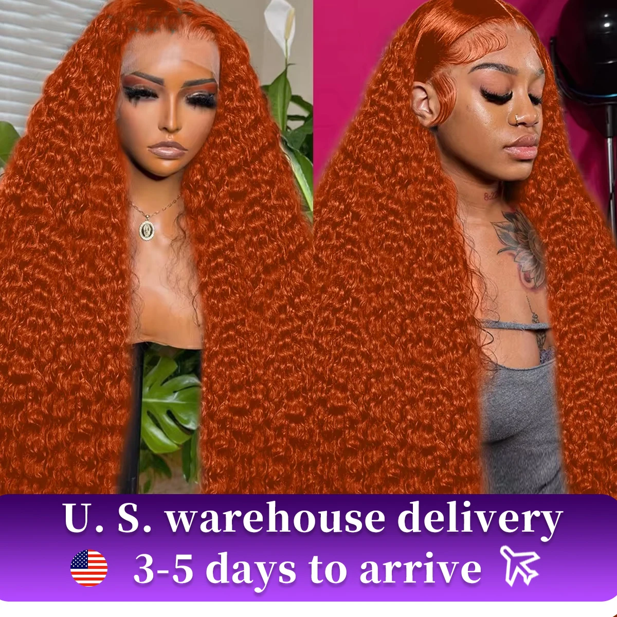 350# Orange Ginger Glueless Deep Wave HD Lace Front Wigs 13x4 Human Hair Curly Lace Frontal Wigs For Black Women