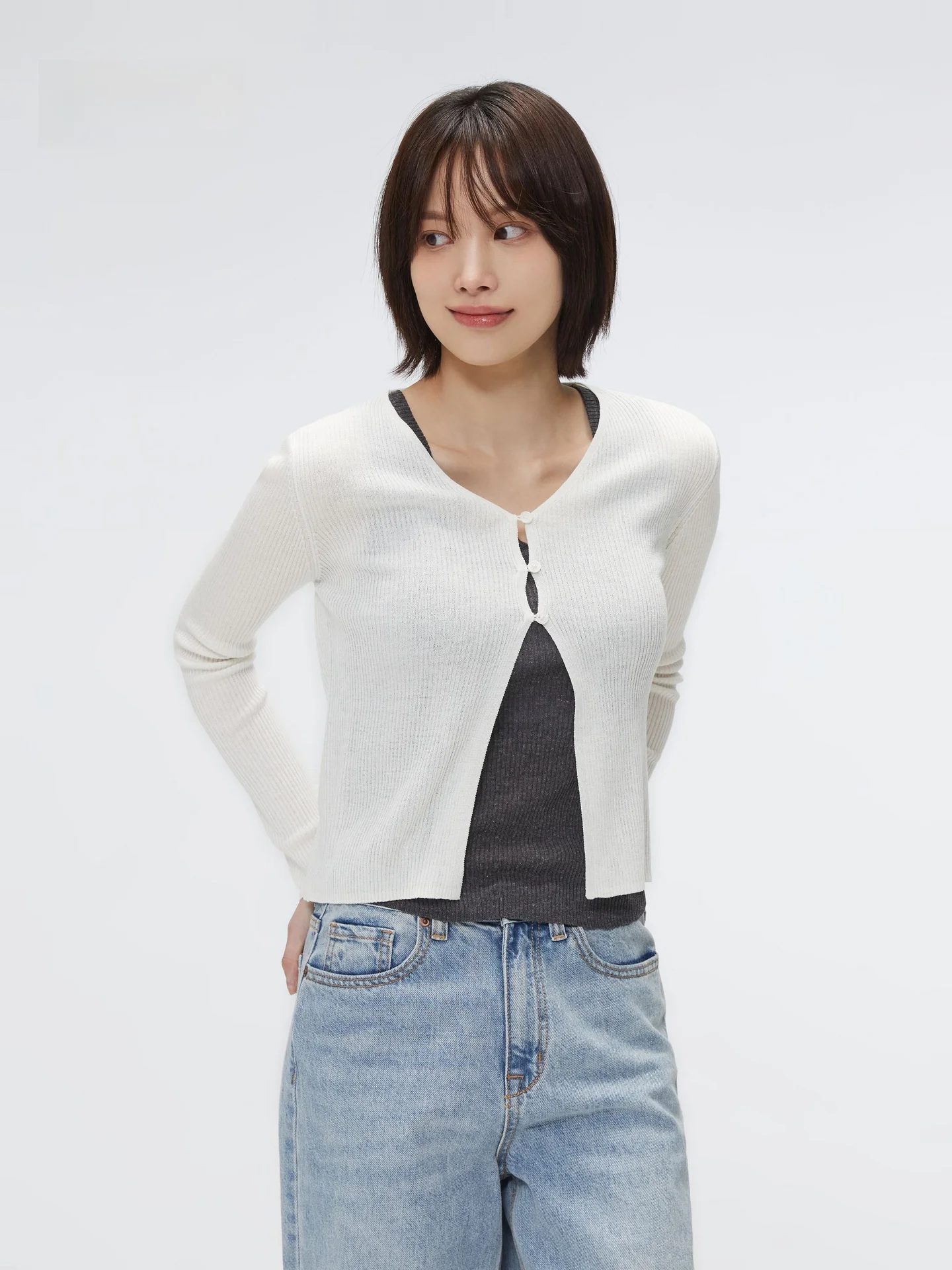 

Весенне-осенний женский приталенный вязаный открытый кардиган с v-образным вырезом, длинный свитер свека, однотонный сладкий бренд Sle SPAO