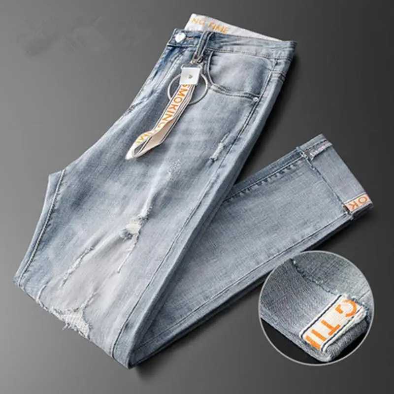 

Ultra-Thin Summer Ice Silk Men's Jeans Light Color Thin Model Wear Resistant Torn Hole Design Breathable Comfortable Fit