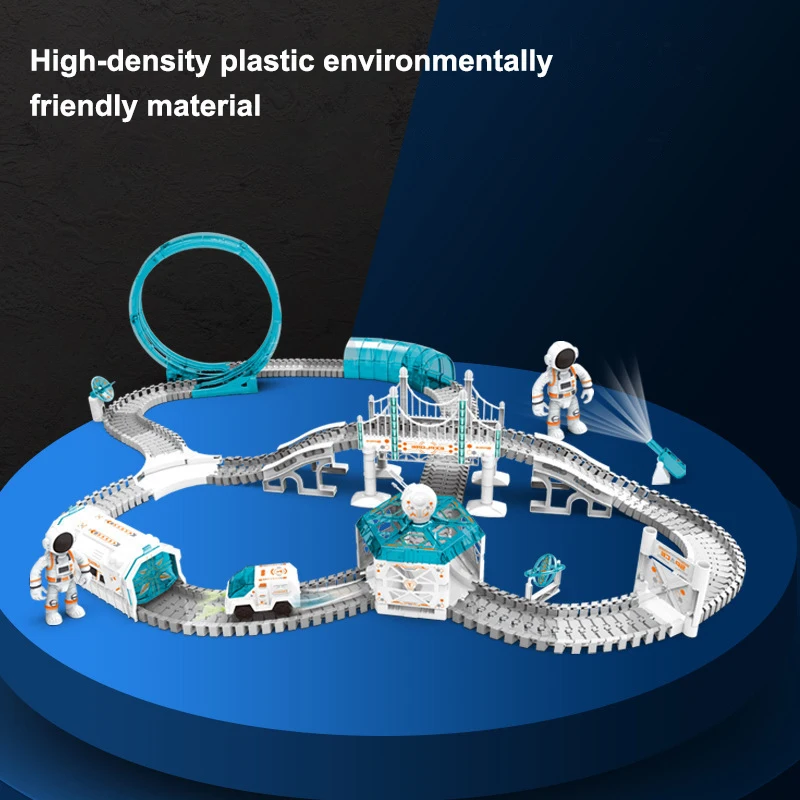 รถแทร็กแบบทำมือของเล่นเด็กนักบินอวกาศประกอบบล็อกตัวต่อท้าทายรางรถของเล่นของขวัญคริสต์มาสสำหรับเด็ก