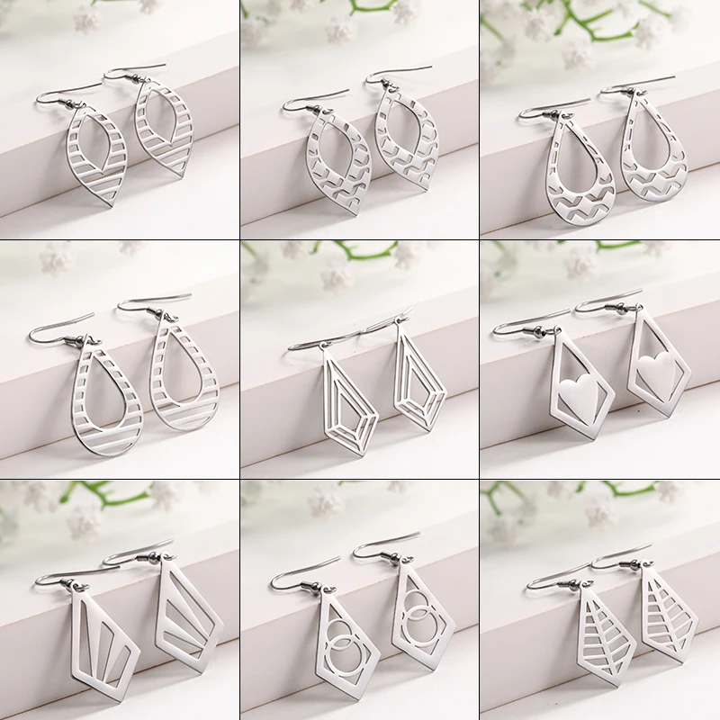 Stainless Steel Geometric Filigree Tear Dangle Drop Earring for Women Irregular Shape Pendant Black Color Golden Earring Jewelry