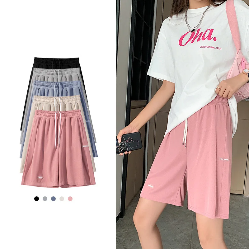 Black Ice Silk Straight Shorts Women's Summer Thin Section Loose High Waist Straight Thin Pink Casual Sports Wide Leg Knee Pants