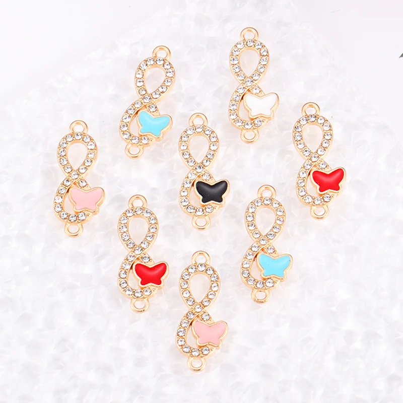 10 sztuk Rhinestone nieskończony cykl ośmiocyfrowy motyl biżuteria złącze dla kobiet bransoletka z motylem DIY artykuły do ​​rękodzieła