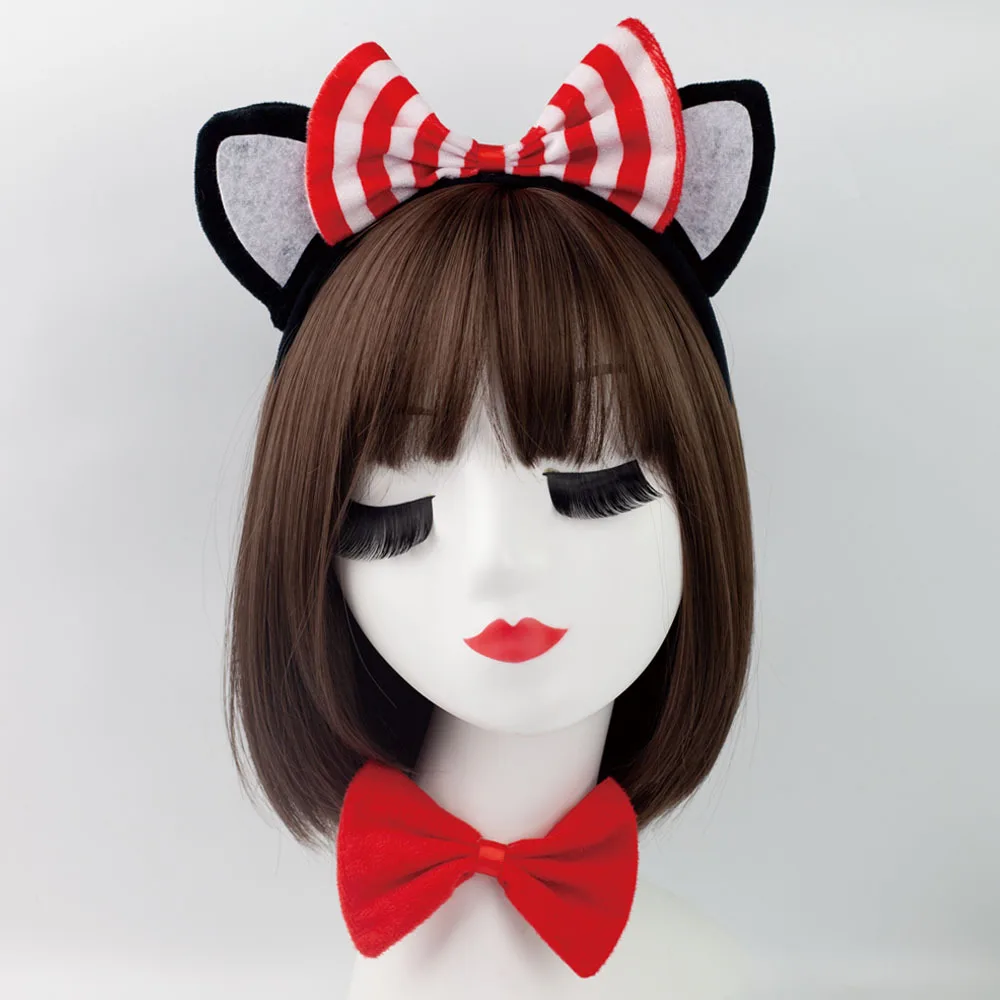 Kawaii w paski opaska z uszami kota Cosplay czarny kot dzieci kostiumy na Halloween rekwizyty kotek kreskówkowy krawat ogon rękawiczki pończochy