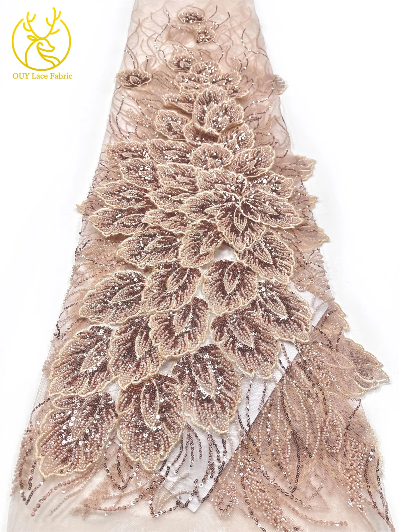 Nigerianischer 3D-Stickerei-Blatt-Spitzenstoff 5 Yards Afrikanische DIY-Stickerei Perlen-Pailletten-Spitze Tüll-Netzspitze Damen-Abendkleid – Detail 17