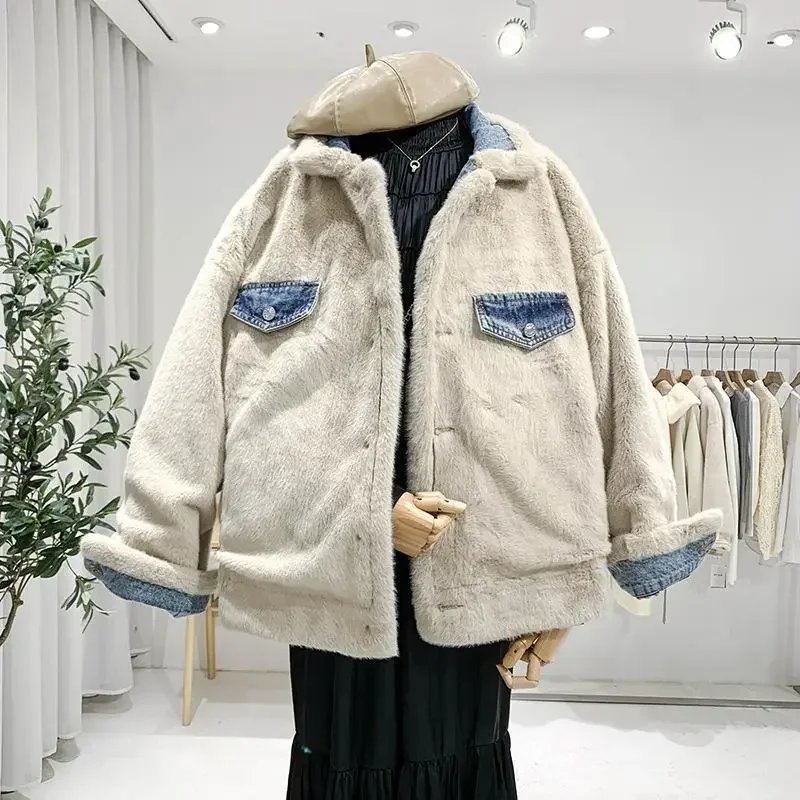 Jaket mantel koboi wanita kasual 2024 jaket katun Chic jalanan goreng bulu kelinci longgar versi Korea baru pakaian wanita