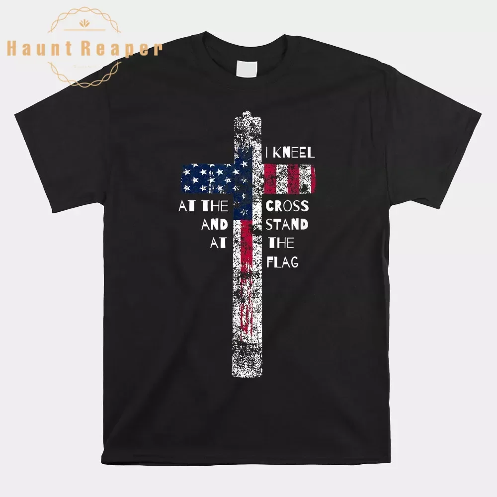 Haunt Reaper Men T Shirt I Kneel At The Cross And Stand At The Flag Shirt O-neck Short Sleeve Plus Size Top Tees